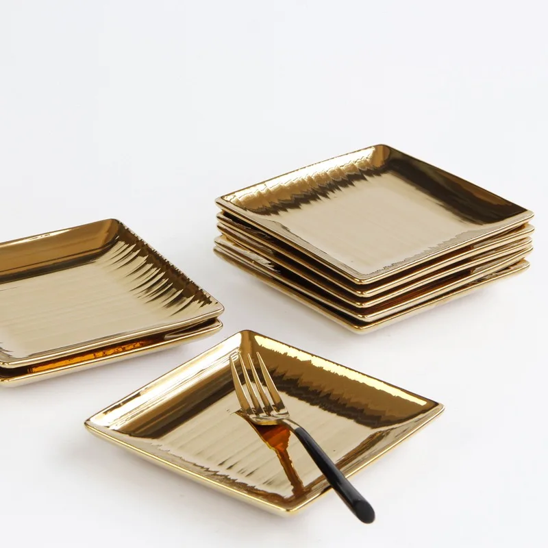 Gold Ceramic Plate European luxurious Horizontal Pattern Square plates dessert fruit salad jewelry storage