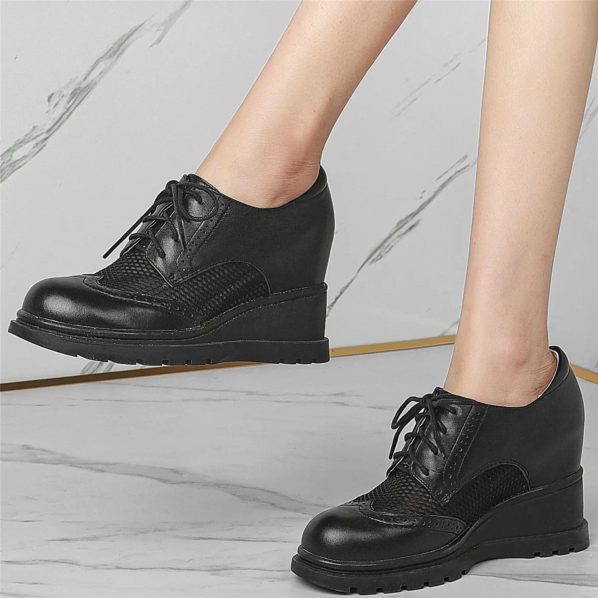 

Lace Up Fashion Sneakers Women Breathable Cow Leather Wedges High Heel Ankle Boots Female Round Toe Platform Pumps Casual Shoes