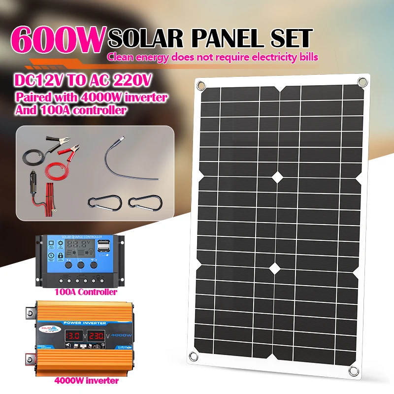 Komplettes 4000W Solarstrom-Set, 12V Solarpanel + Batterieladeregler, 12V auf 110V/220V Solar-Wechselrichter-System
