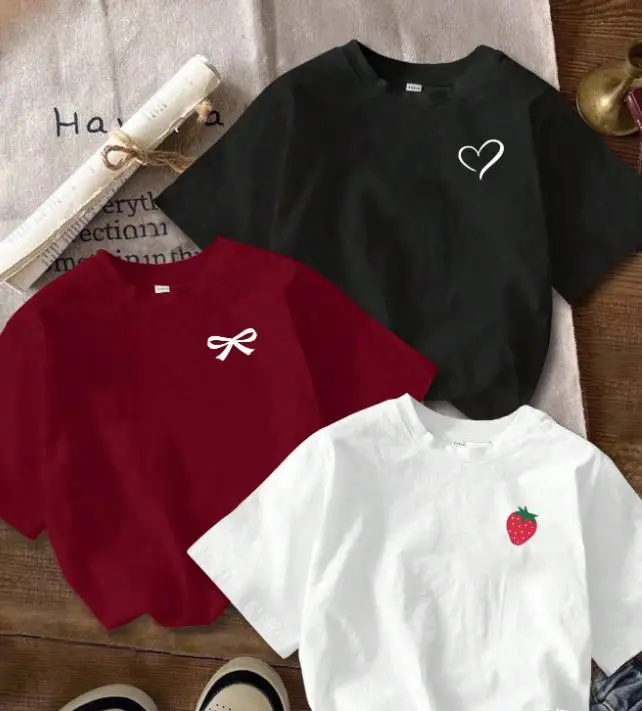 3 Pcs Multi Pack Women Summer Tops Sweet Bowknot Strawberry Graphic T-Shirt Slim Fit Round Neck Cropped Basic Tees
