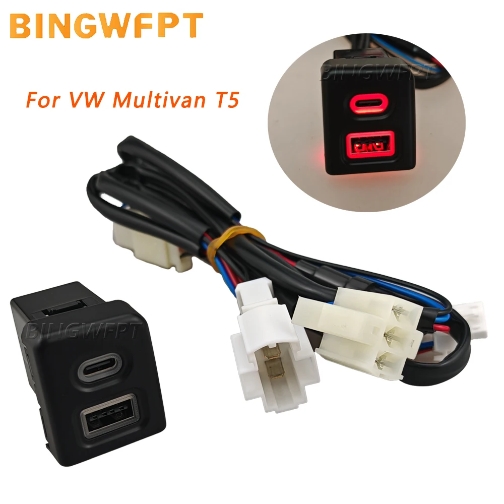 For Volkswagen Multivan T5 2003-2007 2009-2015 Dual USB PD Type‑C Car Charging Socket Phone Power Supply Outlet Adapter