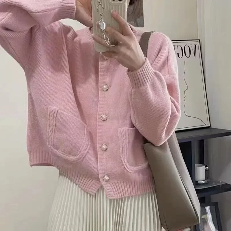 Korean Style Candy Color Cardigan Women Pocket Single-breasted Autumn Winter Knitwear V-neck Cardigan Cute And Sweet Jacket Y2k