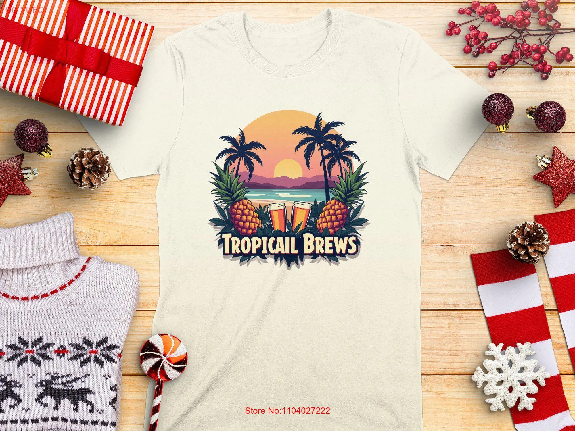Футболка Tropical Brews Summer Beach Vibes Ананас и пальмы Отпуск Закат Пиво Дизайн с длинными или короткими рукавами