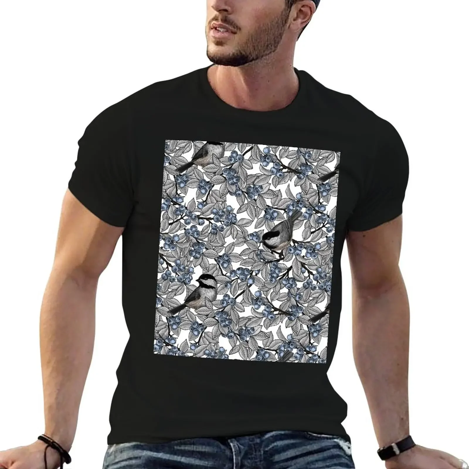 

Chickadee birds on blueberry branches, gray leaves colorway T-Shirt fashion shirts graphics luxury clothes men