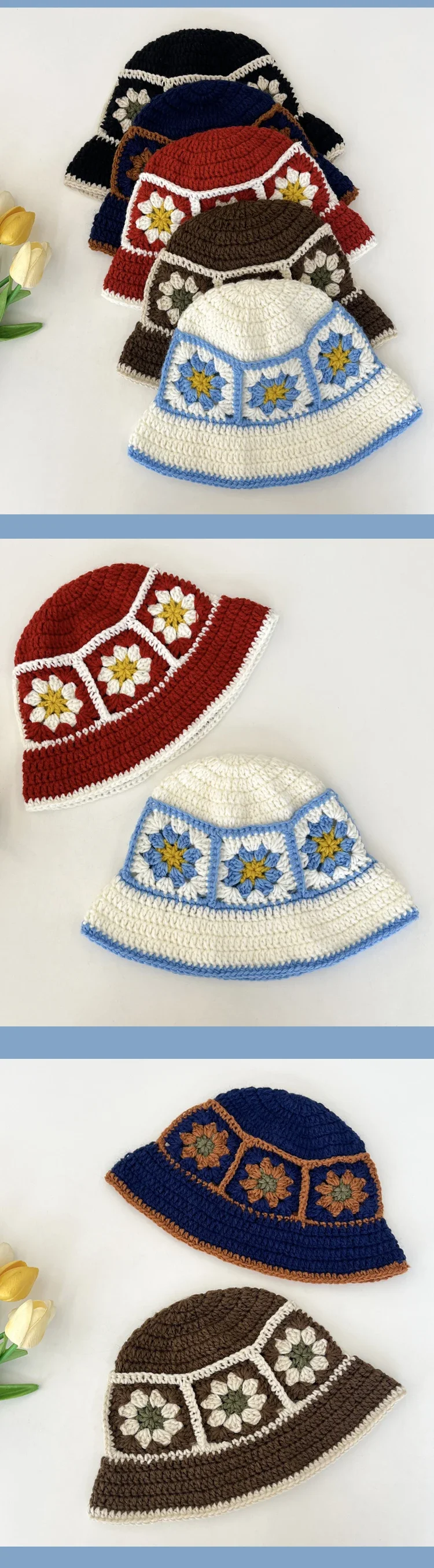 2026 NEU Japanische handgefertigte Blumen- und Karomuster-Häkel-Eimerhüte für Damen, Sommer-Fischermütze mit Farbkombination, gestrickte Strandmütze für Mädchen, Y2k – Detail 13