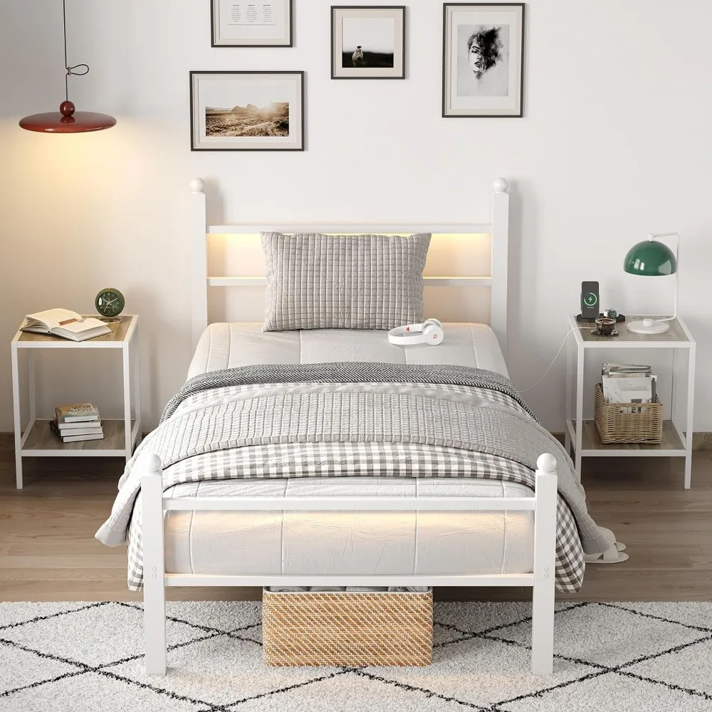 Branco Twin cama Frame com cabeceira e Footboard,Heavy Duty aço suporte Slats, Metal cama Frame com carregamento estação