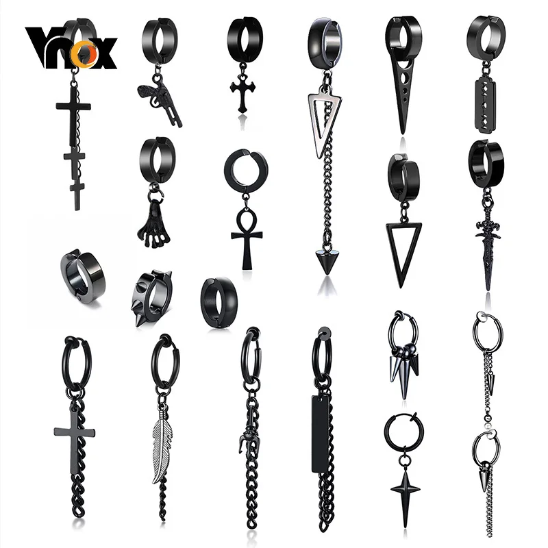 Vnox Punk Clip Earrings for Men Women, Black Stainless Steel Ear Accessory, Gothic Rock Hiphop Hoop Circle Earring 1 Piece