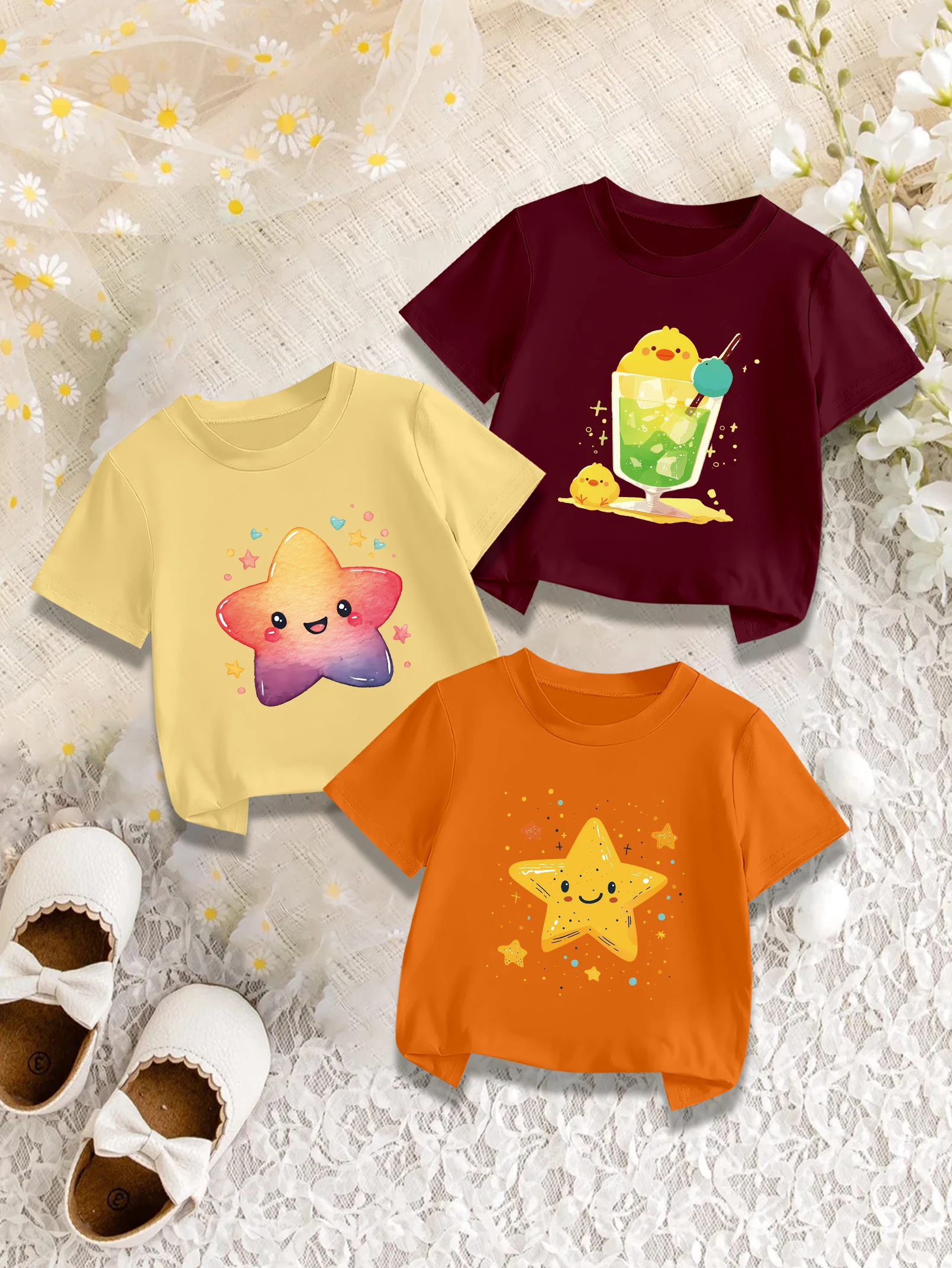 

3 предмета в комплекте: летняя милая футболка для девочек с принтом мультяшных звезд и цыплят, пьющих напиток, милая футболка с принтом