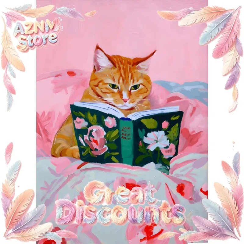 Cat Reading Books Pink Cosy Wall Art Reading Room Library Study Room Art Canvas Painter Residence Living Room Decorative 2026