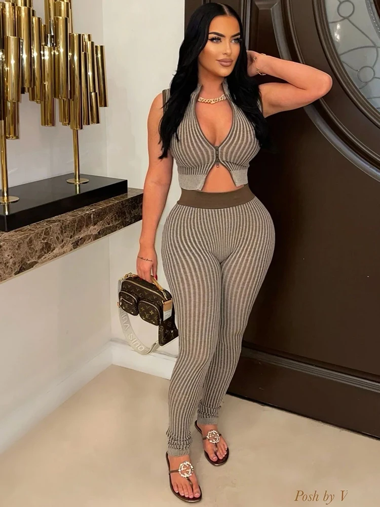 

Fitness Zip Women Tracksuit 2 Piece Set Stripe Casual Tank Tops+Leggings Matching Streetwear Casual Activity Outfits