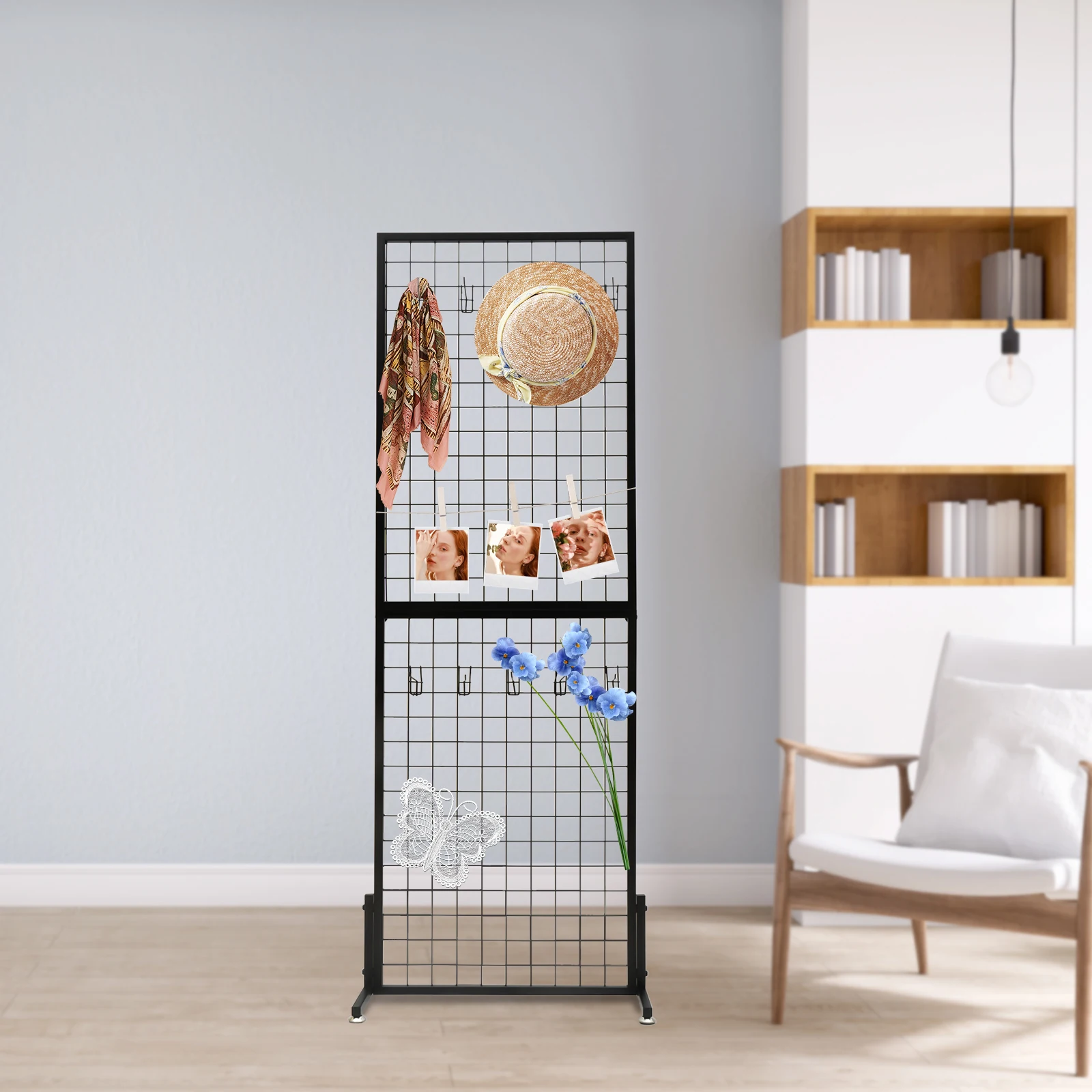 

2" x 2" Art Craft Show Display Rack Floorstanding Carbon Steel Wire Grid Panel Photos Advertising Posters Wall Rack with 10-Hook