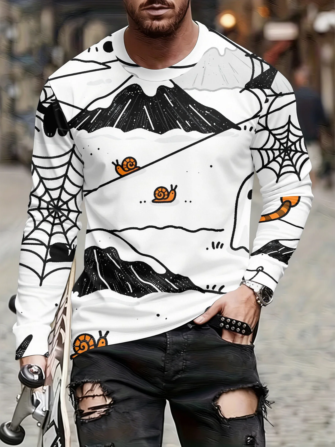 Men Long Sleeve T‑Shirt Cartoon Snail Mountain Cobweb Doodle Print Crew Neck Novelty Street Casual Tops