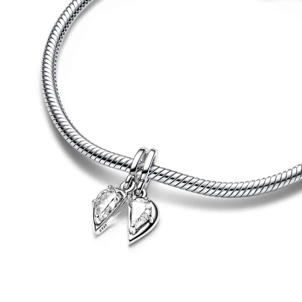 Abalorio de plata de ley 925 para mujer, pulsera Pandora Original, brillante, amigos verdaderos, corazón de mamá, dividido, dos tonos, joyería DIY