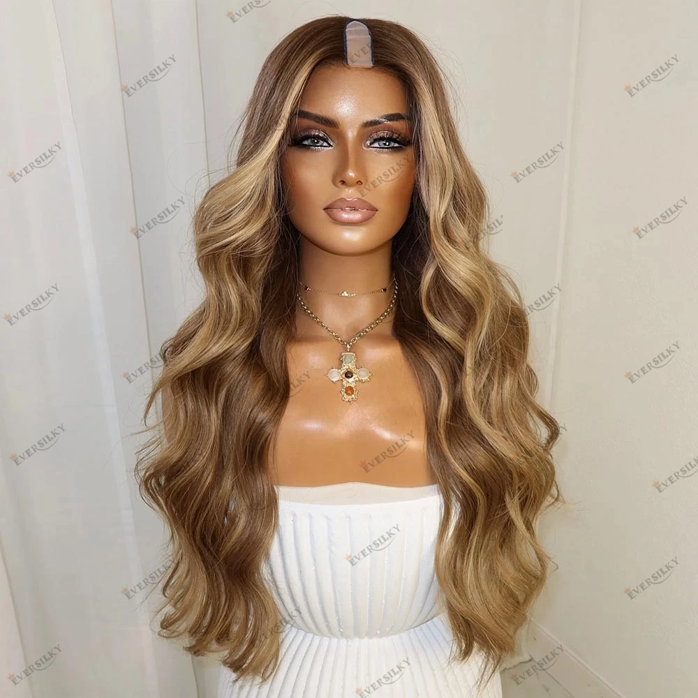 Honey Blonde Highlight Body Wave Human Hair V Part Wigs Brown Base Machine Made Wavy Long Balayage Indian Remy Hair U Part Wig