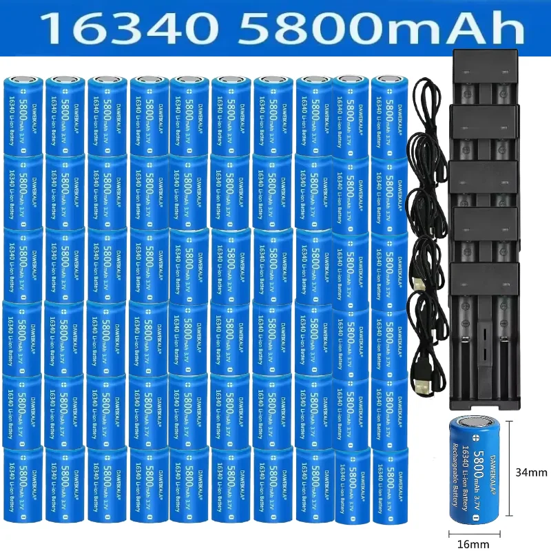 

5800mAh rechargeable 3.7V Li-ion 16340 batteries CR123A battery for LED flashlight wall charger, travel for 16340 CR123A battery