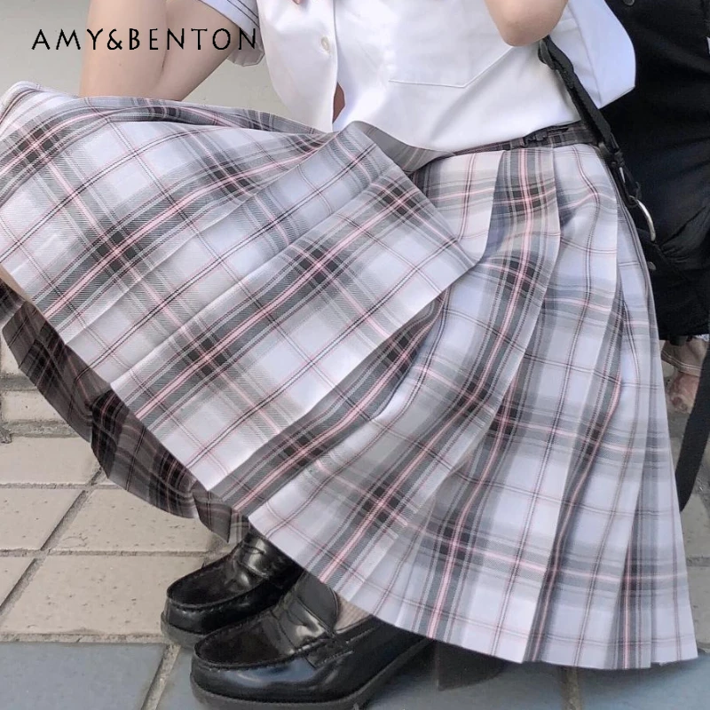 Japanese Jk Uniform Casual Style Summer Gray Powder A Line Slim and Thin Fashion Versatile Mini Plaid Pleated Skirt For Girls