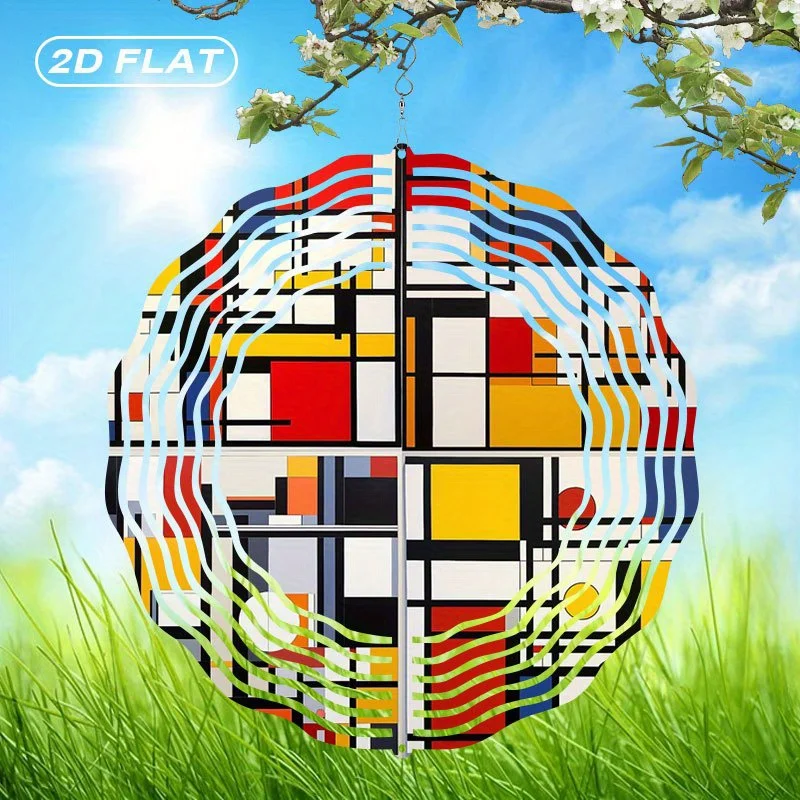 2D Flat, 1pc Metal Geometric Mondrian Wind Spinner Suncatcher  Bohemian Style Wall Hanging Wind Chime with Vibrant Colors