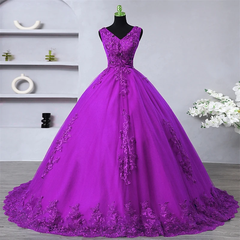 Custom Colors Vintage Long Train Sweet 16 Dress V Neck Quinceanera Dress Ball Gown Flowers Women Plus Size Vestido De Noiva