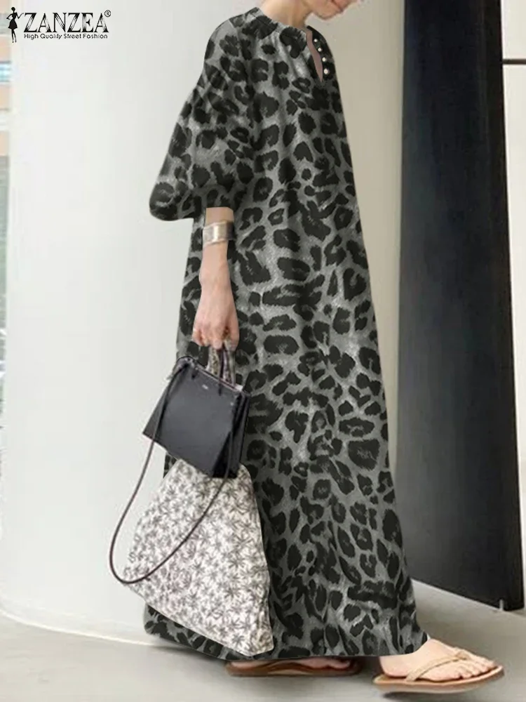 Vestido veraniego de verano 2025, vestido Maxi de leopardo a la moda ZANZEA, Vestidos largos informales con mangas abullonadas, vestido estampado con cuello en V para mujer