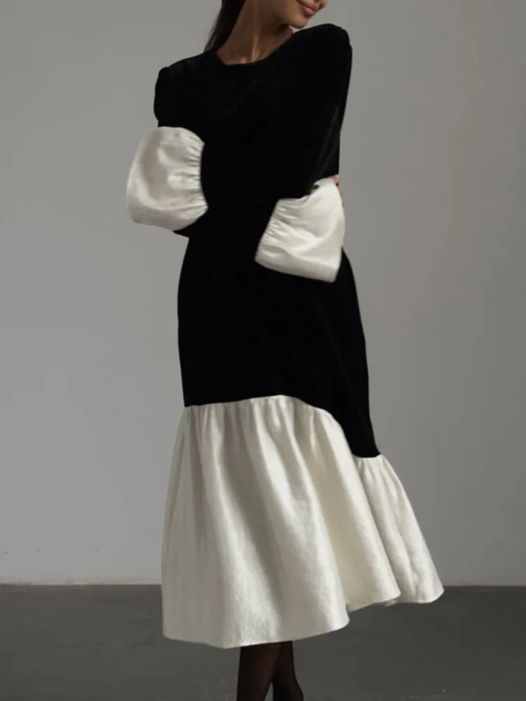 Freeacy vestido feminino solto de veludo, cor contrastante, mangas largas, vestido de festa plissado, moda outono, vestidos com articulação dividida