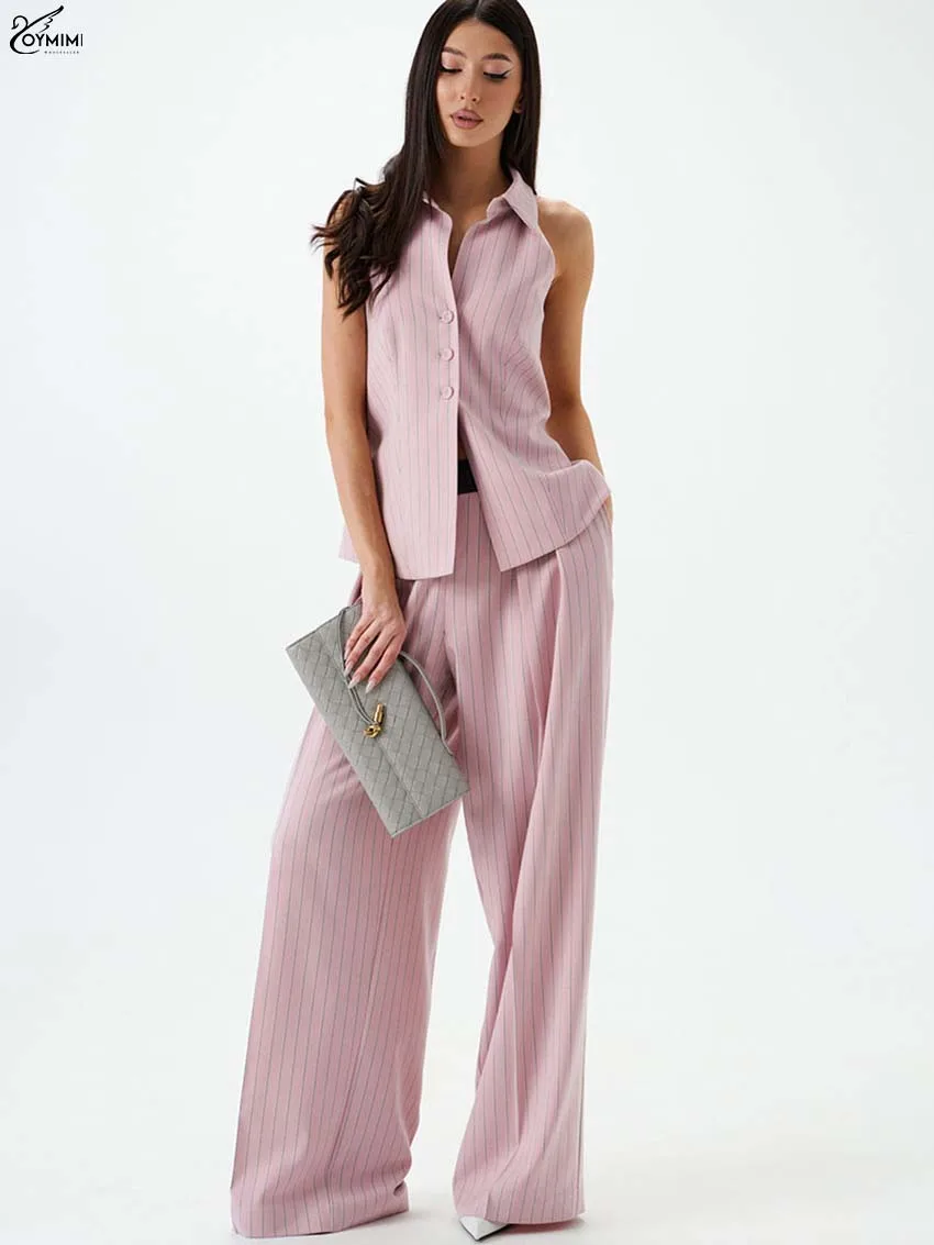 

Oymimi, повседневные комплекты из 2 предметов с розовым принтом, женский наряд, модные рубашки без рукавов с лацканами и пуговицами с высокой талией, лоскутные комплекты Panst