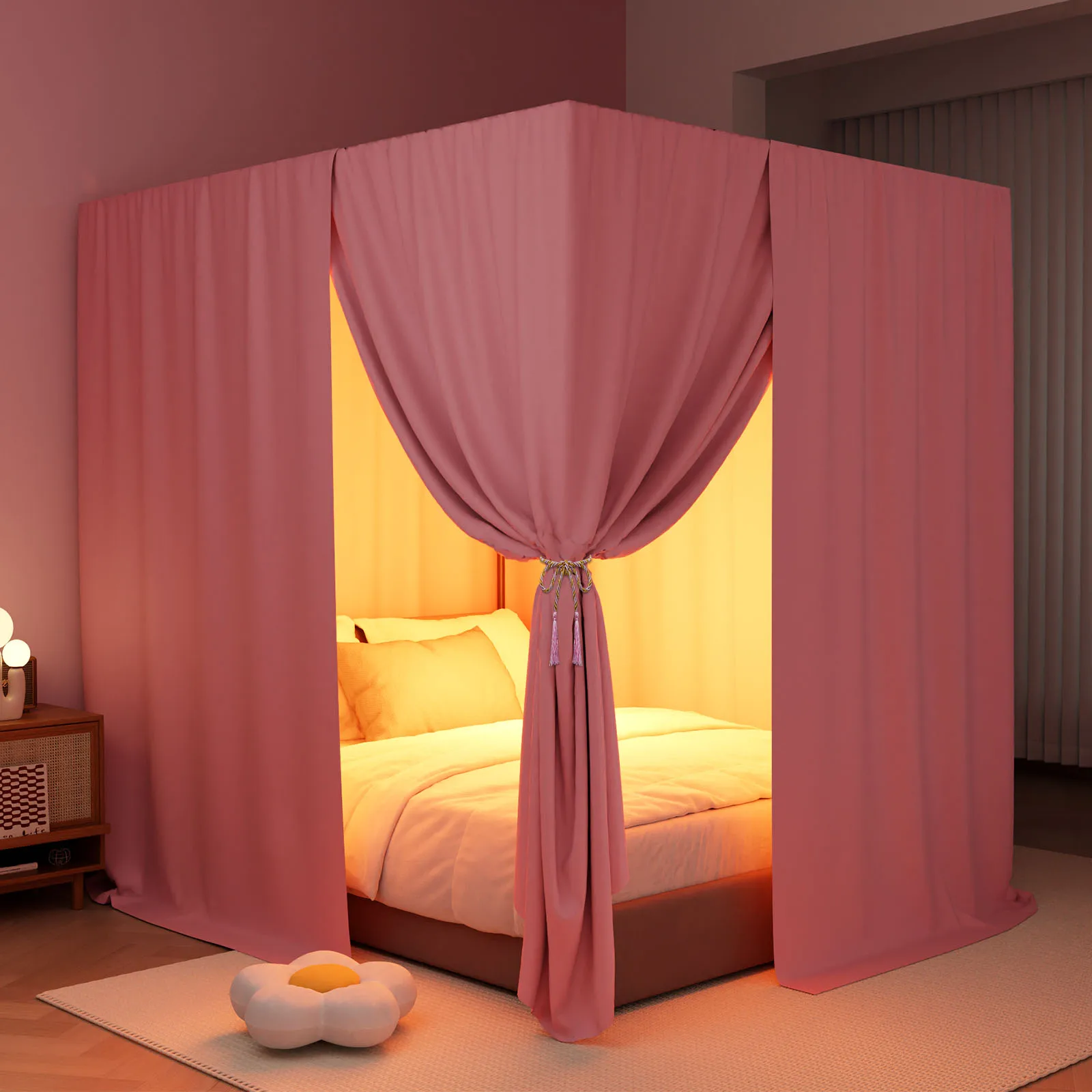 Pink/Black king Four Corner Post Bed Canopy Bed Curtains Sheer Canopy for Adults Bedroom Decoration Lightproof Windproof Twin