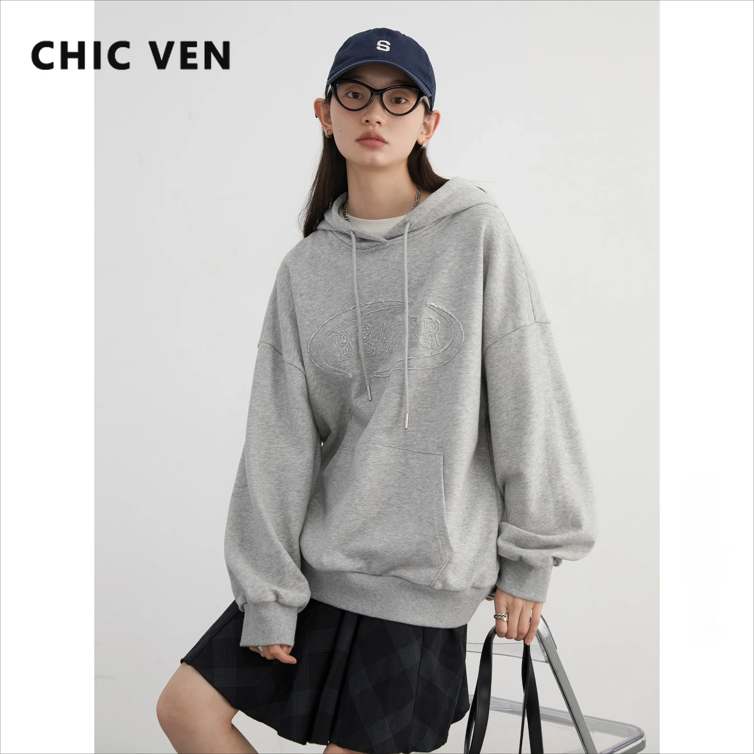 CHIC VEN Women Sweatshirts Loose Drawstring Hooded Letter Patch Embroidered Hoodies Coat Woman Jacket Spring Autumn 2024