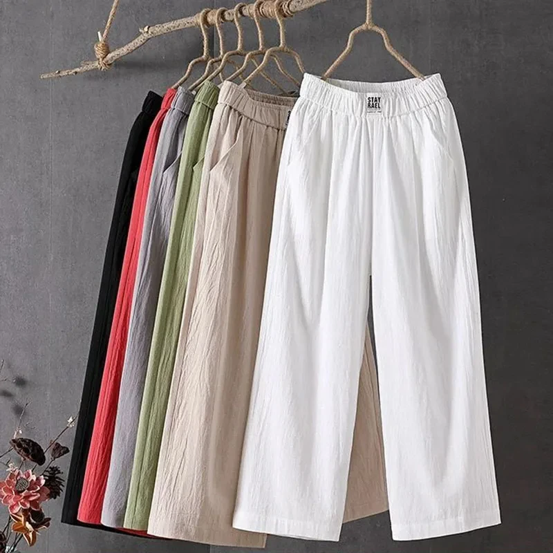 Summer Elastic Waist Women's Pants Casual Elastic Waist Solid Cotton Linen Ankle Length Pants Female High Quality Baggy Trousers