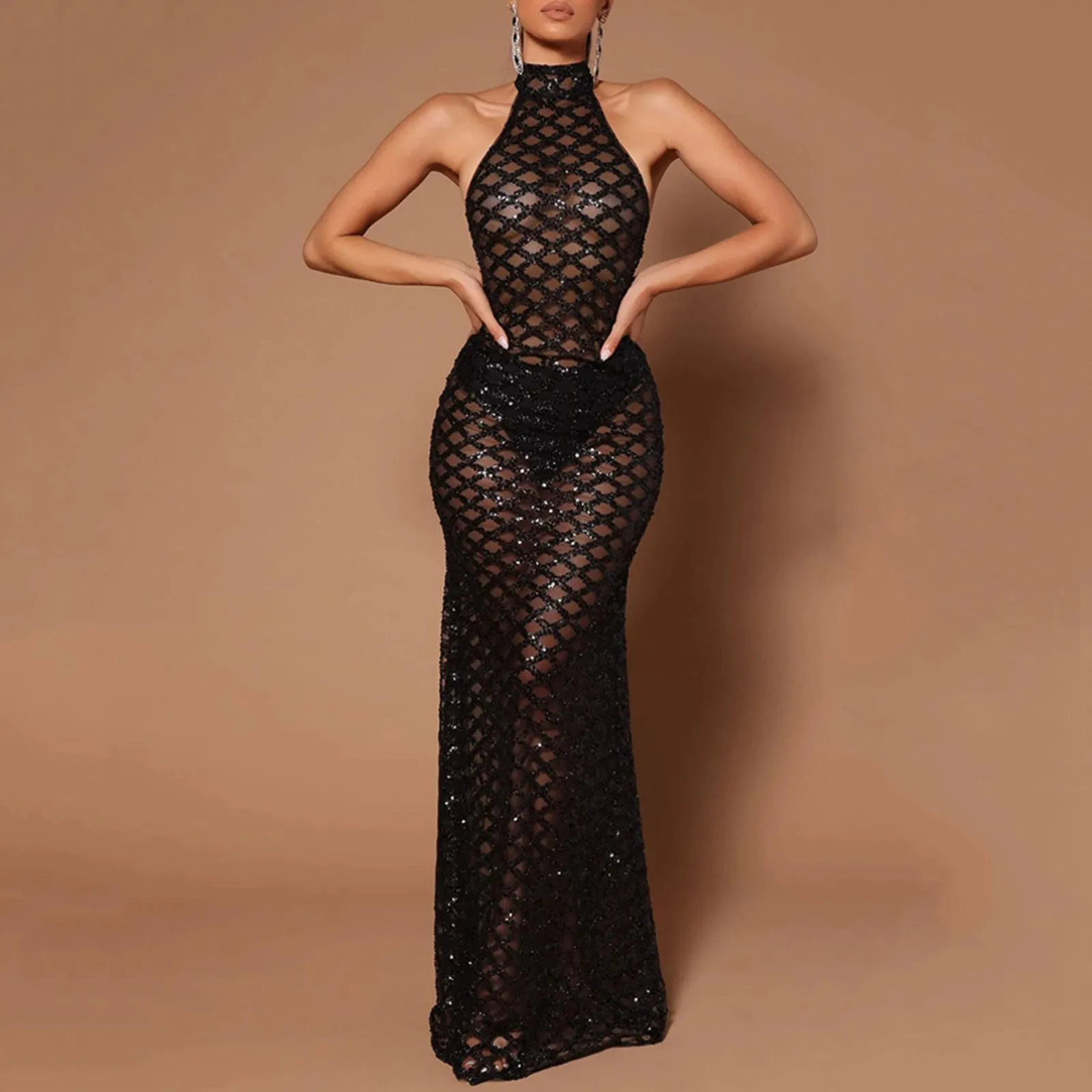 2024 Sexy Backless Halter Dress For Women Diamond Sleeveless Solid Long Robe Ladies Fashion Perspective Evening Party Dresses