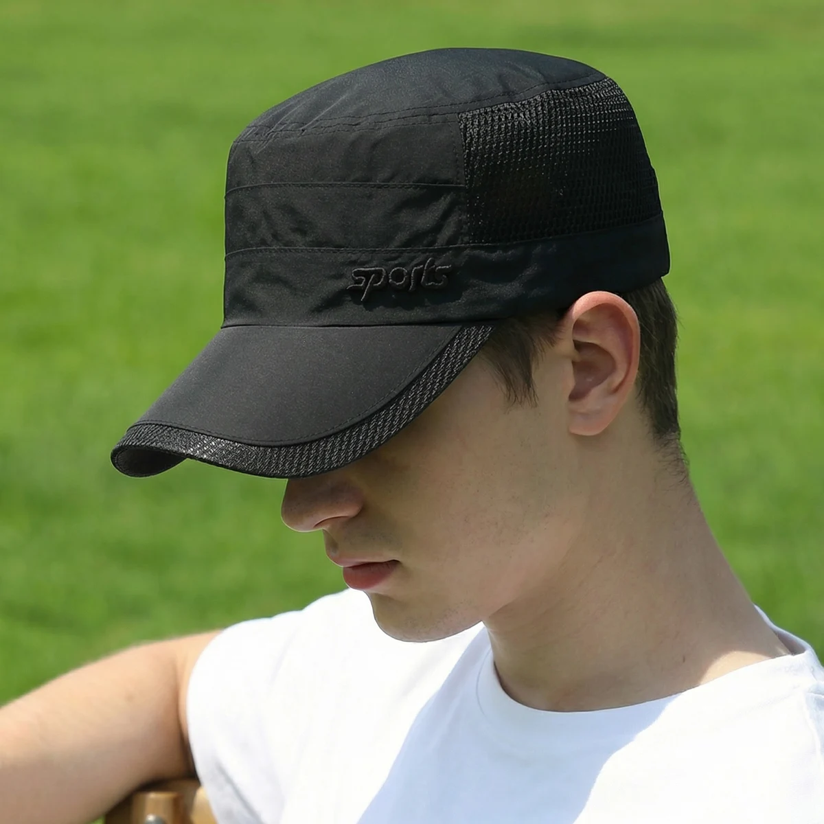 Schnelltrocknender Sonnenschutzhut für Frühling/Sommer, leichte, atmungsaktive Mesh-Baseballkappe, lässiger, flacher Militärstil-Modehut – Detail 2