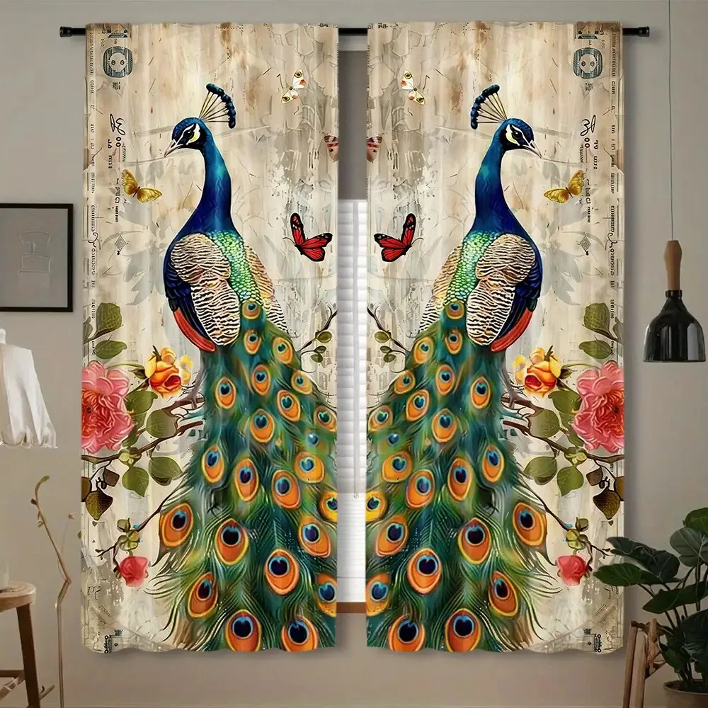 Peacock Curtains Vintage Floral Butterflies  Printed Artistic Design Waterproof Window Drapes Boho Home Decor Statement
