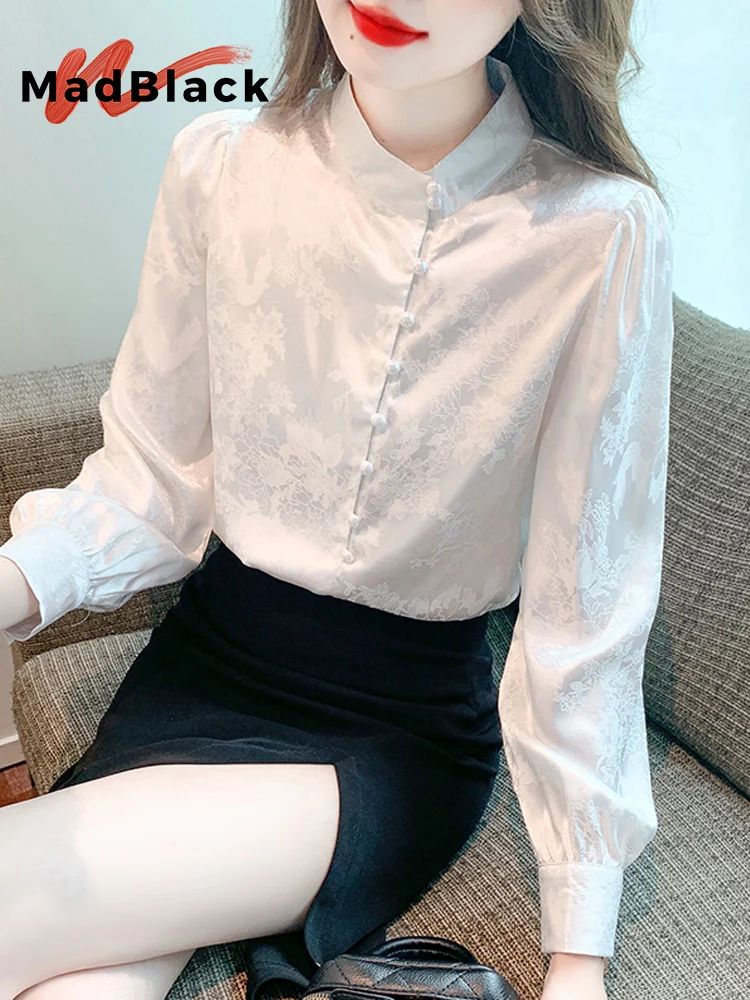 

MadBlack-Women European Shirt, Sexy Mock Neck Jacquard, Workwear Retro Long Sleeve Loose S-2XL Blouse, 2026 Spring New T5D010CC