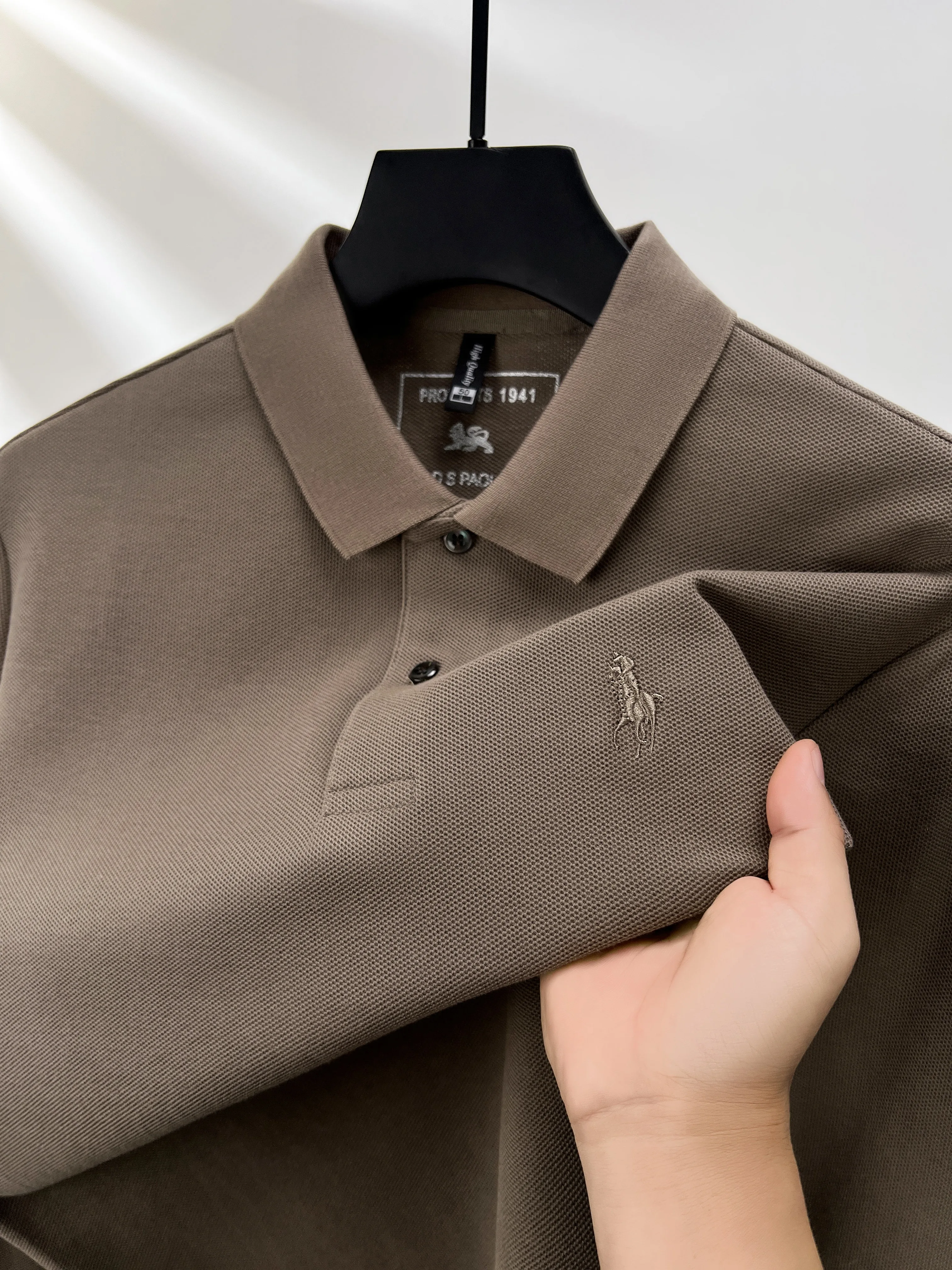 100% pure cotton long sleeved men's polo shirt autumn new item custom pony embroidery Korean version golf soft casual T-shirt