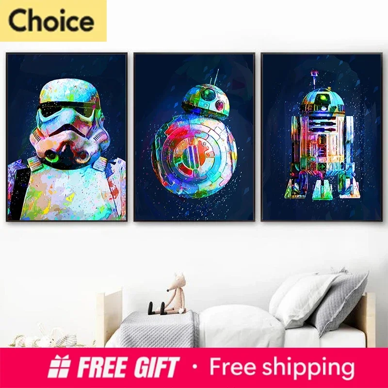 Space Wars Poster Watercolor R2-D2 Prints Sci-Fi Kids Boys Birthday Gift Diamond Painting Robot BB-8 Pictures For Kids Room De