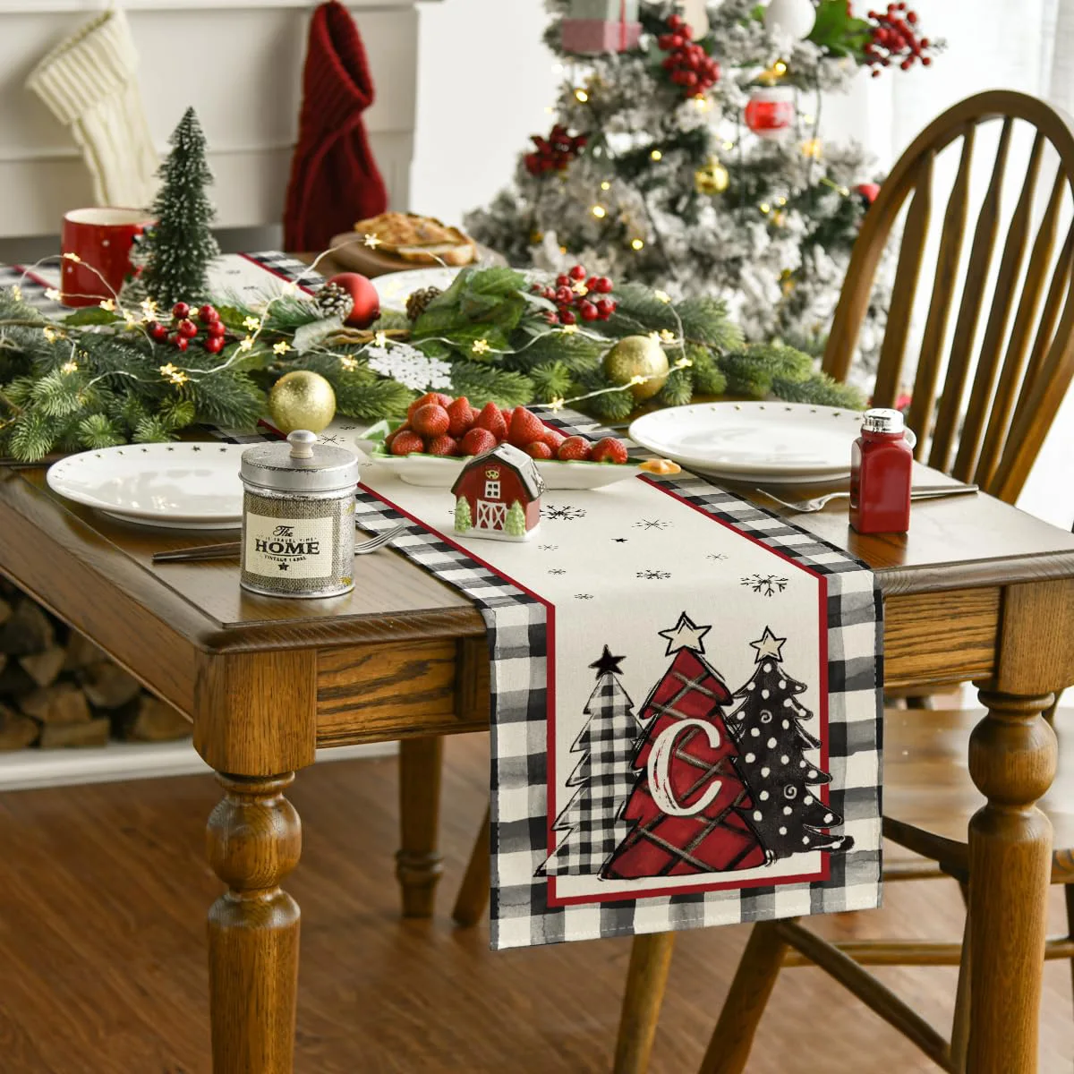 Merry Christmas Tree Table Runner,Winter Holiday Indoor Outdoor Table Decoration for Home