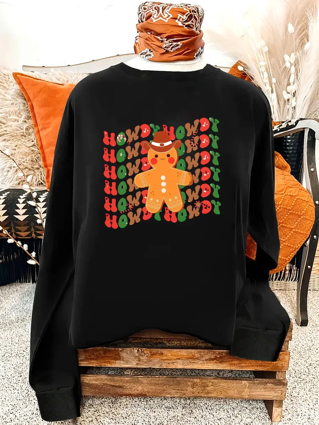 المرأة الغربية الحذاء هوديي الرسم ، أزياء الإناث ، عارضة Crewneck البلوزات ، نمط رعاة البقر ، Y2K