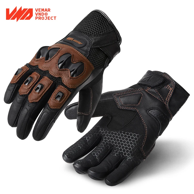 

VND C-15 Breathable Soft Leather Motorcycle Full Finger Gloves Rider Retro Riding Guantes Moto Spring Summer Motorcyclist Gloves