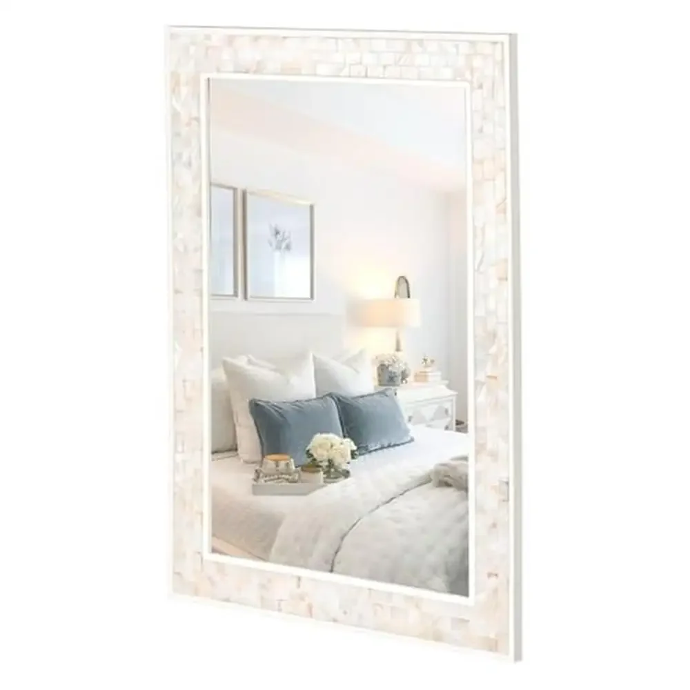 Rectangle Wall Mirror Mother of Pearl Framed Bathroom Vanity Bedroom Living Room Entryway 20x28in Coastal Style Tempered Glass