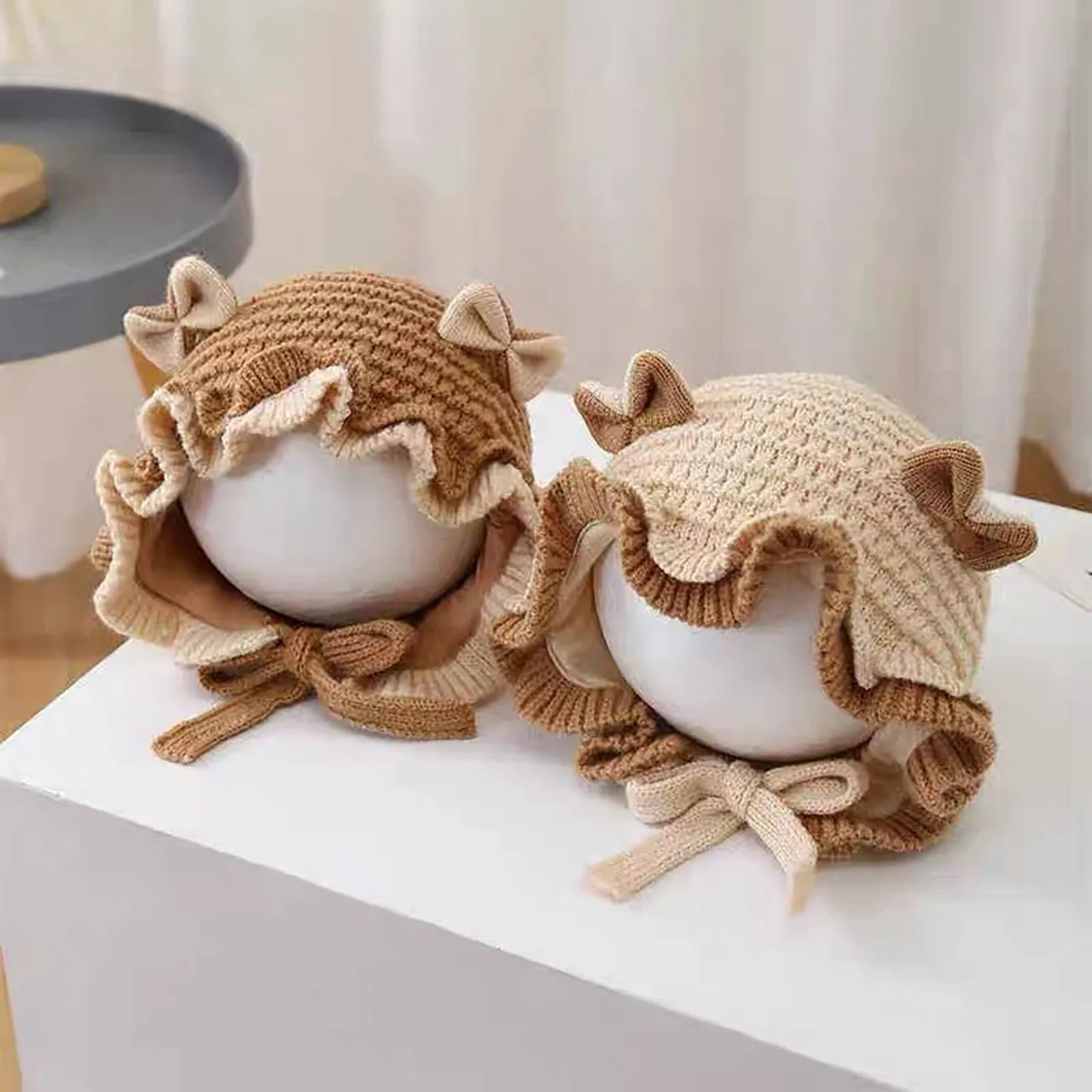 لطيف القوس طفلة الشتاء قبعة لينة محبوك كشكش الرضع الطفل حماية الأذن سميكة الدافئة يندبروف طفل إيرفلاب قبعة صغيرة