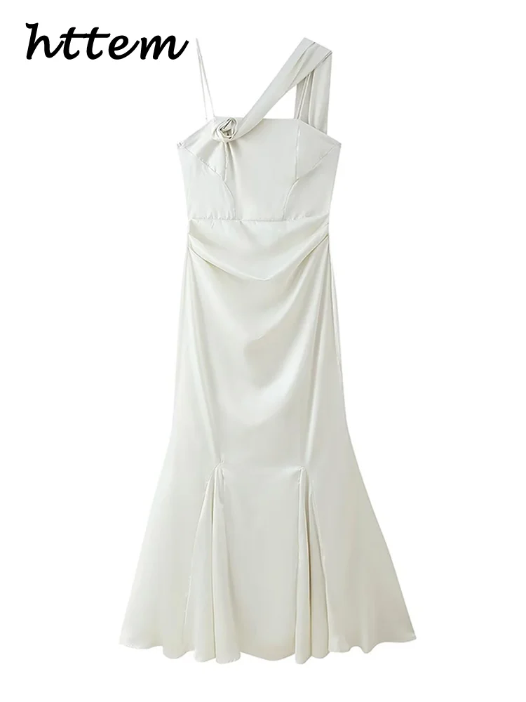 우아한 새틴 3D 꽃 리본 롱 드레스 여성 민소매 Backless Pleated 인어 파티 드레스 2025 여름 레이디 이브닝 가운