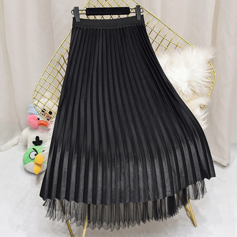 

2021 New Spring Summer Autumn High Waist Sequin Half Length Skirt Pleated Skirt A-line Mesh Lady Girl