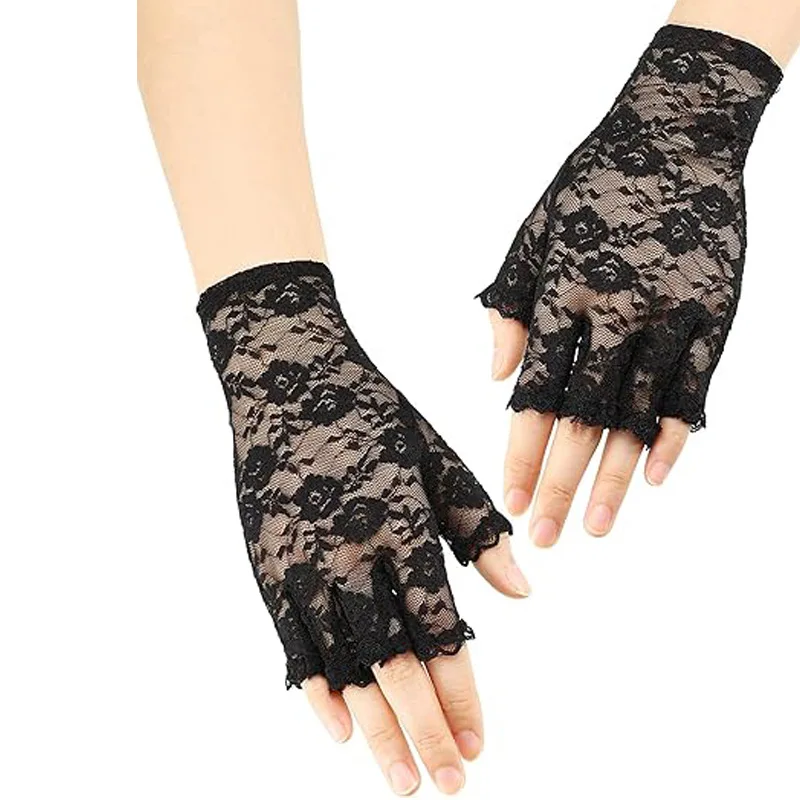 Gloves Women Short Lace Fingerless UV Protection Floral Bridal Wedding Opera Tea Party White Soft Breathable Lightweight