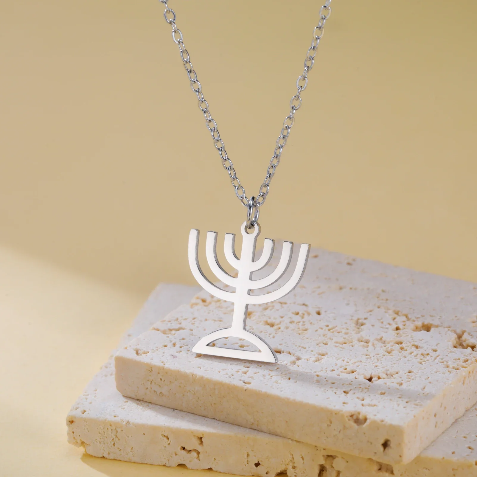 Skyrim Menorah Candle Holder Pendant Necklace for Women Geometric Religious Jewelry Chain Necklaces Stainless Steel Judaica Gift