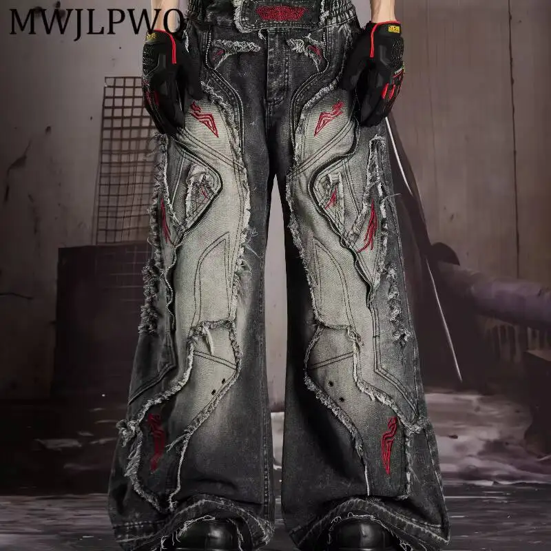 MWJLPWQ Gradient Frayed Patch Wide Leg Denim Jean Embroidery Curved Stitch High Waist Men Grunge Street Loose Bottom Fit 16953