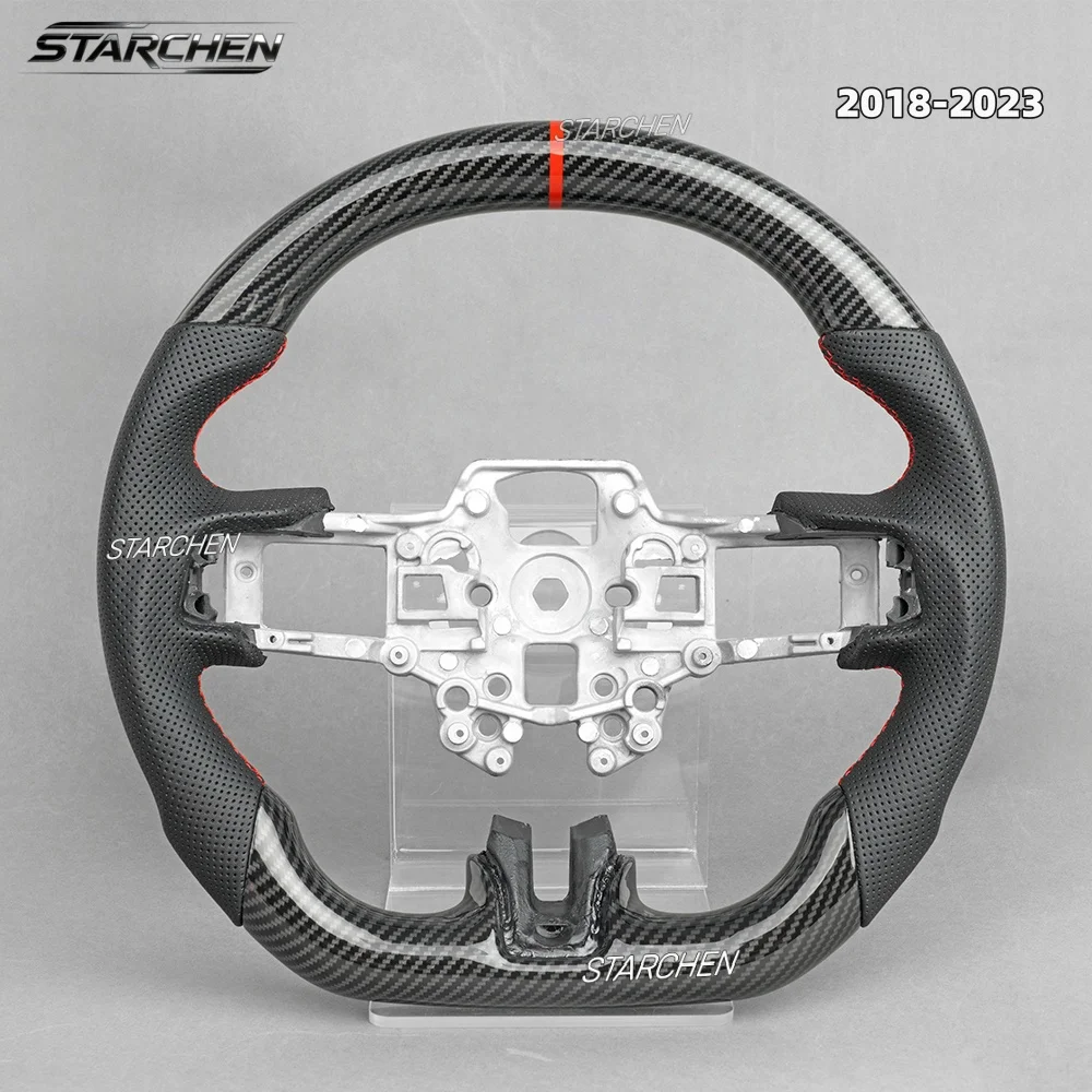 Hydro-Dip Carbon Fiber Steering Wheel For Ford Mustang 2015-2017  2018-2023 EcoBoost GT Shelby-Mustang GT350 GT350R,Twill Weave Designs Perfoated Leather Grip (Non-heated)