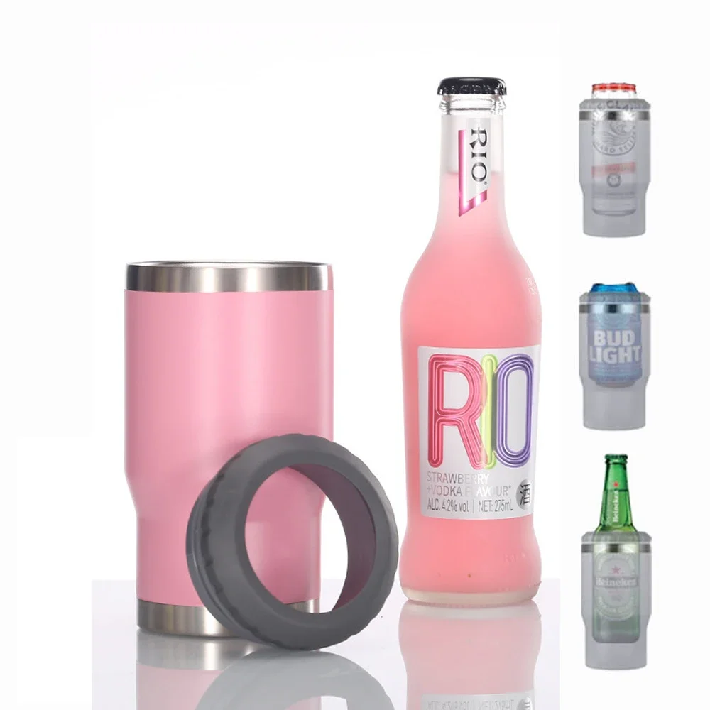 

4 in 1 Travel Mug and Can Cooler Insulated for 12 oz Cans and Beer Bottle. Universal Cool Summer Ice Bottle Cup With 2 Lids
