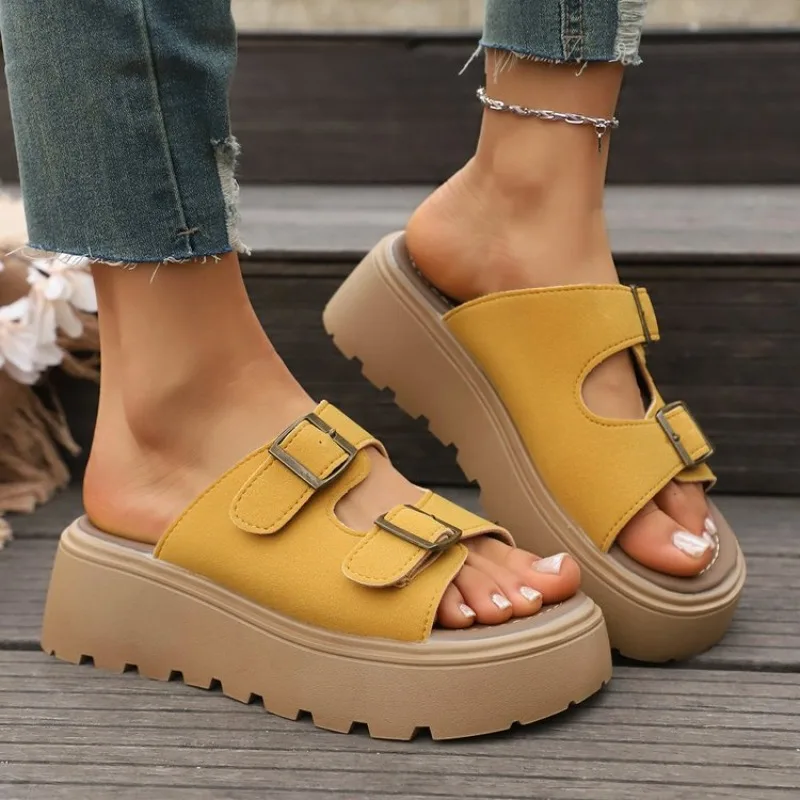 Woman Natural Genuine Cow Leather 5CM Thick Bottom Buckle Slippers Classic Comfortable Fashion Sandals New Design Summer Shoes