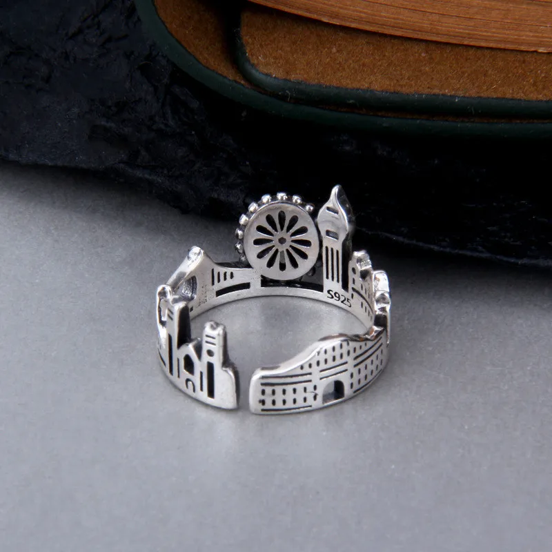 Amusement Park Castle punk cute 925 Sterling Silver Open Rings For Women Girl Anillos LR019