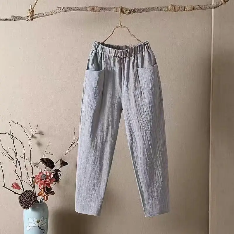 Calça de bolso de linho feminina, confortável, senhoras, simplicidade, monocromática, novo, primavera, outono, calças de cintura elástica