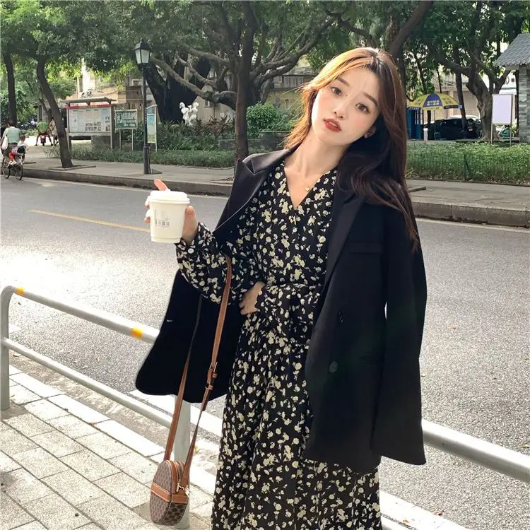 가을과 겨울 여성용 긴 소매 꽃무늬 드레스 허리라인 강조 슬림핏 다용도 프렌치 레트로 베이스 스커트